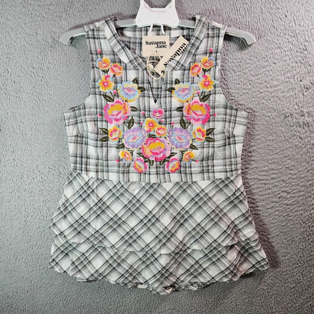NEW Savanna Jane Sleeveless Top Women Small Floral White Gray Plaid Cottoncore